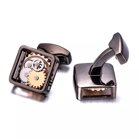 Steampunk Square Open Face Gunmetal Clock Gears Cufflinks - Picture 3 of 17